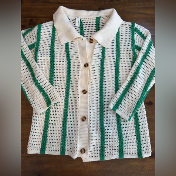 Commense Cream green stripe Crochet knit Button-Front Cardigan nwot - Picture 3 of 5